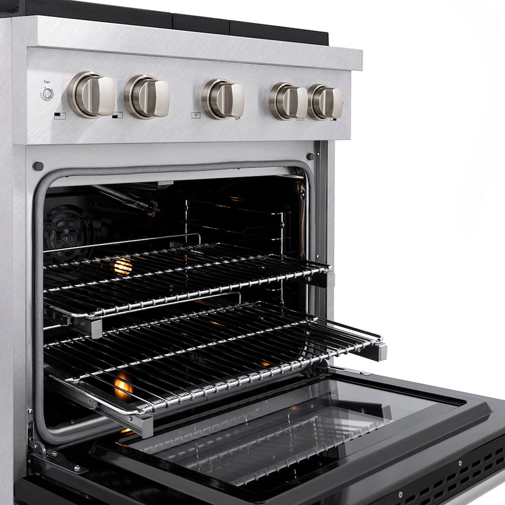ZLINE 30 in. 4.2 cu. ft. Paramount Gas Range with 4 Burner DuoPro™ Cooktop and Convection Gas Oven in Satin Stainless Steel with Black Matte Door (PSGRS-BLM-30) side, oven open showing racks extended.