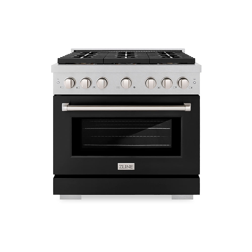 ZLINE 36 in. 5.2 cu. ft. Paramount Gas Range with 6 Burner DuoPro™ Cooktop and Convection Gas Oven in Satin Stainless Steel with Black Matte Door (PSGRS-BLM-36) front.