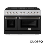 ZLINE 48 in. 6.7 cu. ft. Paramount Gas Range with 8 Burner DuoPro™ Cooktop and Dual Ovens in Satin Stainless Steel with Black Matte Doors (PSGRS-BLM-48) front, with DuoPro™ logo.
