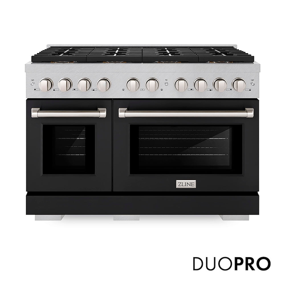 ZLINE 48 in. 6.7 cu. ft. Paramount Gas Range with 8 Burner DuoPro™ Cooktop and Dual Ovens in Satin Stainless Steel with Black Matte Doors (PSGRS-BLM-48) front, with DuoPro™ logo.