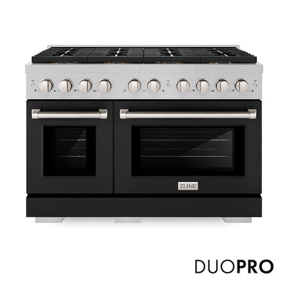 ZLINE 48 in. 6.7 cu. ft. Paramount Gas Range with 8 Burner DuoPro™ Cooktop and Dual Ovens in Satin Stainless Steel with Black Matte Doors (PSGRS-BLM-48) front, with DuoPro™ logo.
