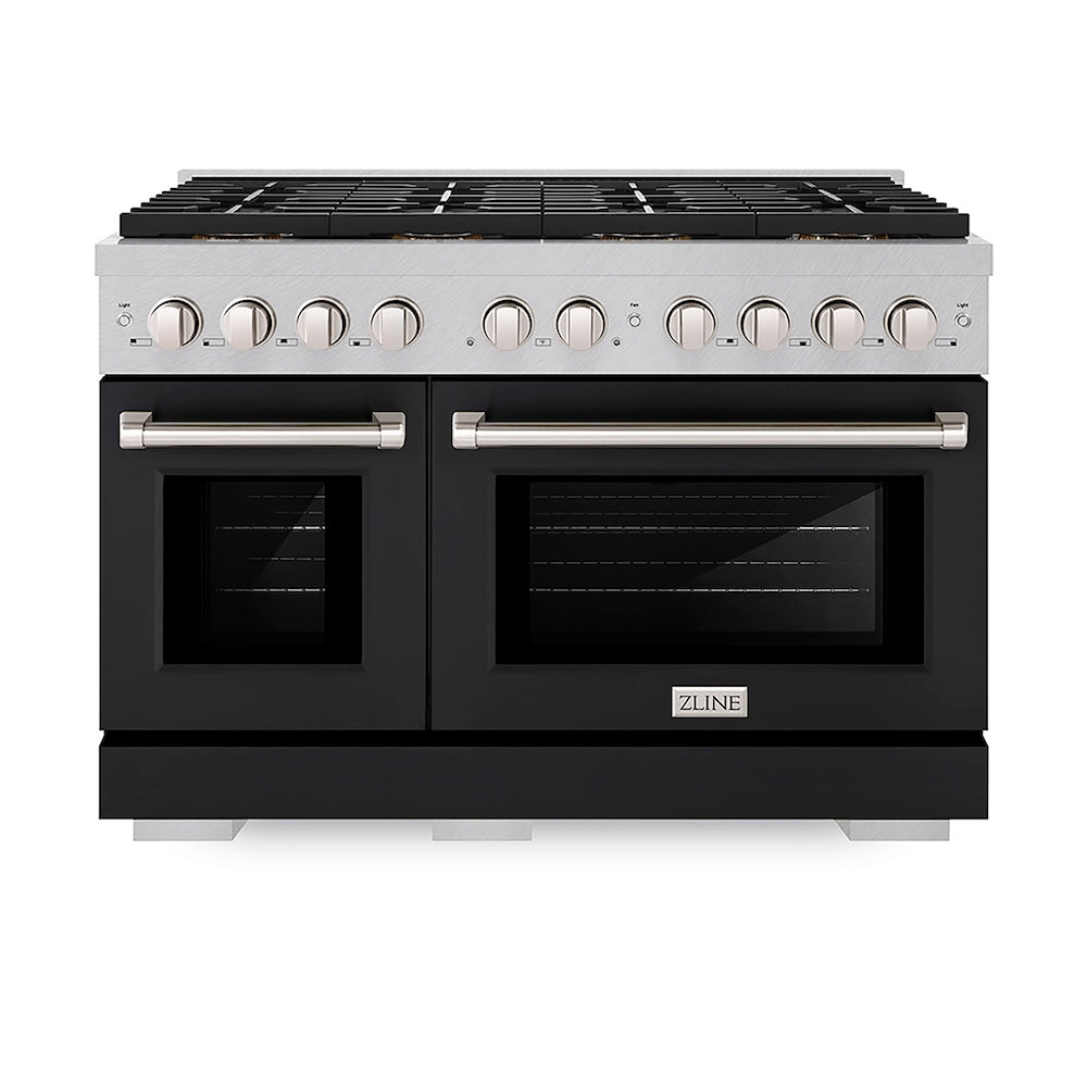 ZLINE 48 in. 6.7 cu. ft. Paramount Gas Range with 8 Burner DuoPro™ Cooktop and Dual Ovens in Satin Stainless Steel with Black Matte Doors (PSGRS-BLM-48) front.