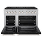 ZLINE 48 in. 6.7 cu. ft. Paramount Gas Range with 8 Burner DuoPro™ Cooktop and Dual Ovens in Satin Stainless Steel with Black Matte Doors (PSGRS-BLM-48) front, oven open.