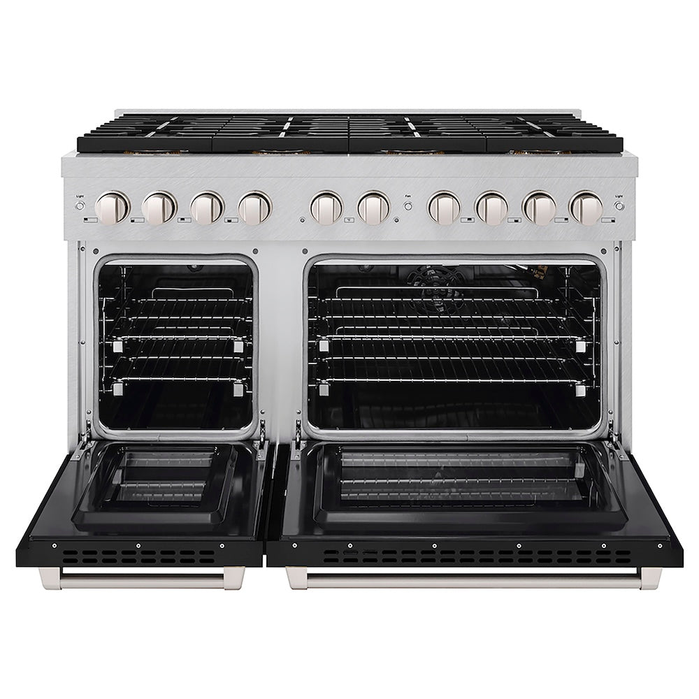 ZLINE 48 in. 6.7 cu. ft. Paramount Gas Range with 8 Burner DuoPro™ Cooktop and Dual Ovens in Satin Stainless Steel with Black Matte Doors (PSGRS-BLM-48) front, oven open.