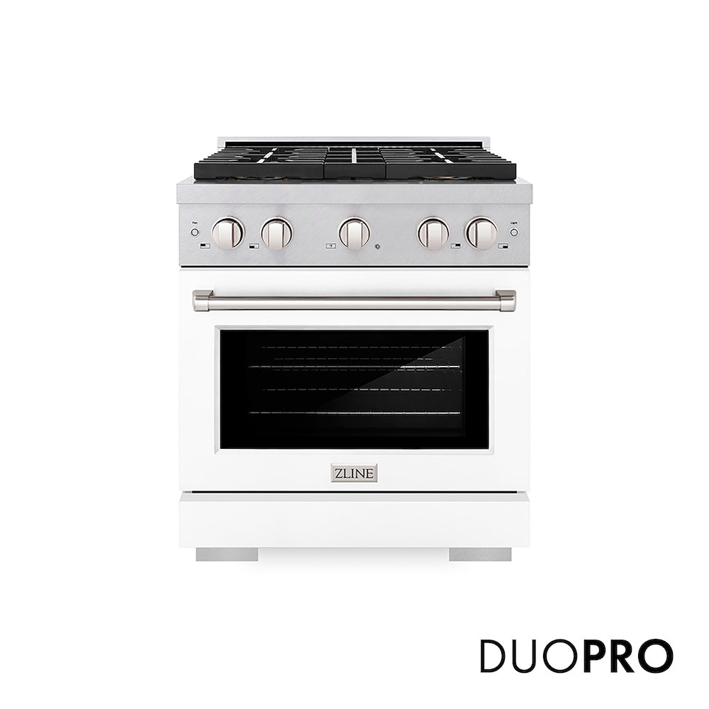 ZLINE 30 in. 4.2 cu. ft. Paramount Gas Range with 4 Burner DuoPro™ Cooktop and Convection Gas Oven in Satin Stainless Steel with White Matte Door (PSGRS-WM-30) front, with DuoPro™ logo.