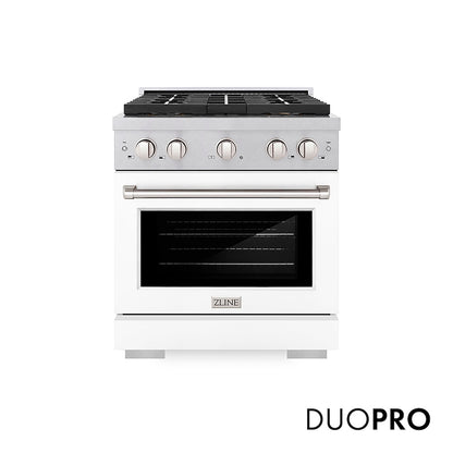 ZLINE 30 in. 4.2 cu. ft. Paramount Gas Range with 4 Burner DuoPro™ Cooktop and Convection Gas Oven in Satin Stainless Steel with White Matte Door (PSGRS-WM-30) front, with DuoPro™ logo.