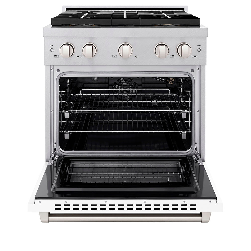 ZLINE 30 in. 4.2 cu. ft. Paramount Gas Range with 4 Burner DuoPro™ Cooktop and Convection Gas Oven in Satin Stainless Steel with White Matte Door (PSGRS-WM-30) front, oven open.