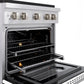 ZLINE 30 in. 4.2 cu. ft. Paramount Gas Range with 4 Burner DuoPro™ Cooktop and Convection Gas Oven in Satin Stainless Steel with White Matte Door (PSGRS-WM-30) side, oven open showing racks extended.