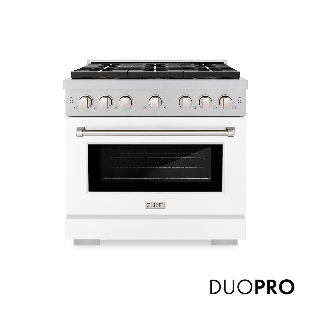ZLINE 36 in. 5.2 cu. ft. Paramount Gas Range with 6 Burner DuoPro™ Cooktop and Convection Gas Oven in Satin Stainless Steel with White Matte Door (PSGRS-WM-36) front, with DuoPro™ logo.