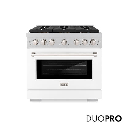 ZLINE 36 in. 5.2 cu. ft. Paramount Gas Range with 6 Burner DuoPro™ Cooktop and Convection Gas Oven in Satin Stainless Steel with White Matte Door (PSGRS-WM-36) front, with DuoPro™ logo.