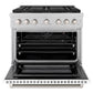 ZLINE 36 in. 5.2 cu. ft. Paramount Gas Range with 6 Burner DuoPro™ Cooktop and Convection Gas Oven in Satin Stainless Steel with White Matte Door (PSGRS-WM-36) front, oven open.