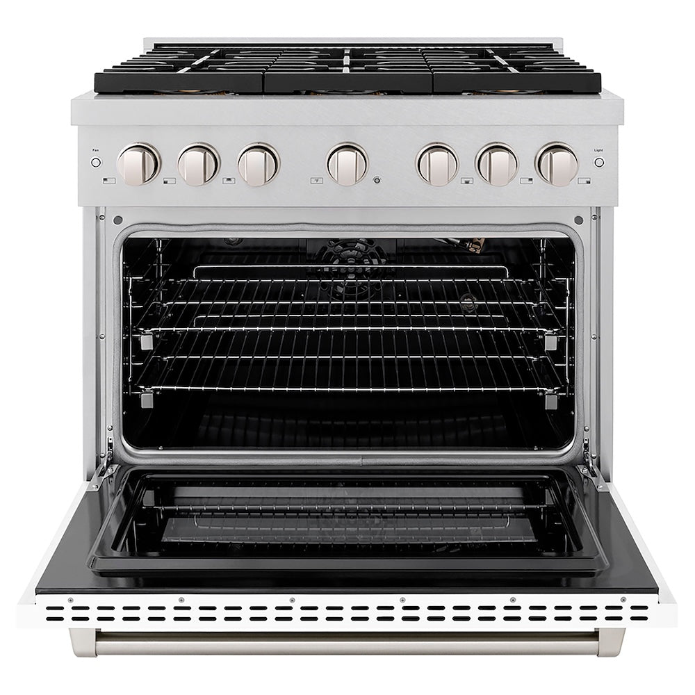ZLINE 36 in. 5.2 cu. ft. Paramount Gas Range with 6 Burner DuoPro™ Cooktop and Convection Gas Oven in Satin Stainless Steel with White Matte Door (PSGRS-WM-36) front, oven open.