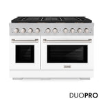 ZLINE 48 in. 6.7 cu. ft. Paramount Gas Range with 8 Burner DuoPro™ Cooktop and Dual Ovens in Satin Stainless Steel with White Matte Doors (PSGRS-WM-48) front, with DuoPro™ logo.