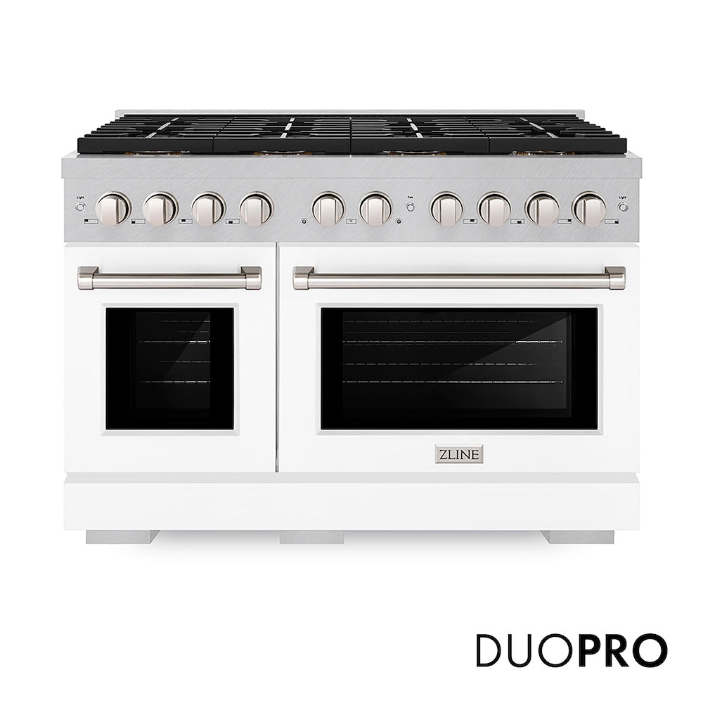 ZLINE 48 in. 6.7 cu. ft. Paramount Gas Range with 8 Burner DuoPro™ Cooktop and Dual Ovens in Satin Stainless Steel with White Matte Doors (PSGRS-WM-48) front, with DuoPro™ logo.