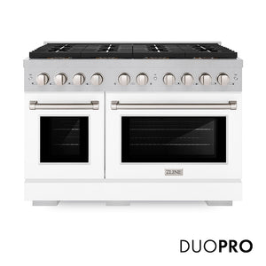 ZLINE 48 in. 6.7 cu. ft. Paramount Gas Range with 8 Burner DuoPro™ Cooktop and Dual Ovens in Satin Stainless Steel with White Matte Doors (PSGRS-WM-48) main image.