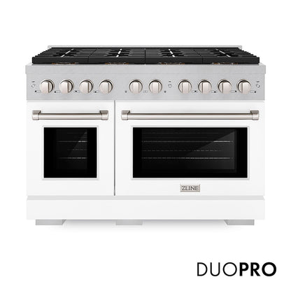 ZLINE 48 in. 6.7 cu. ft. Paramount Gas Range with 8 Burner DuoPro™ Cooktop and Dual Ovens in Satin Stainless Steel with White Matte Doors (PSGRS-WM-48) front, with DuoPro™ logo.