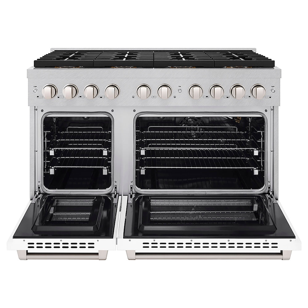 ZLINE 48 in. 6.7 cu. ft. Paramount Gas Range with 8 Burner DuoPro™ Cooktop and Dual Ovens in Satin Stainless Steel with White Matte Doors (PSGRS-WM-48) front, oven open.