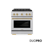 ZLINE Autograph Edition 30 in. 4.2 cu. ft. Paramount Gas Range with 4 Burner DuoPro™ Cooktop and Convection Gas Oven in Satin Stainless Steel and Champagne Bronze Accents, Open Box-Good Condition