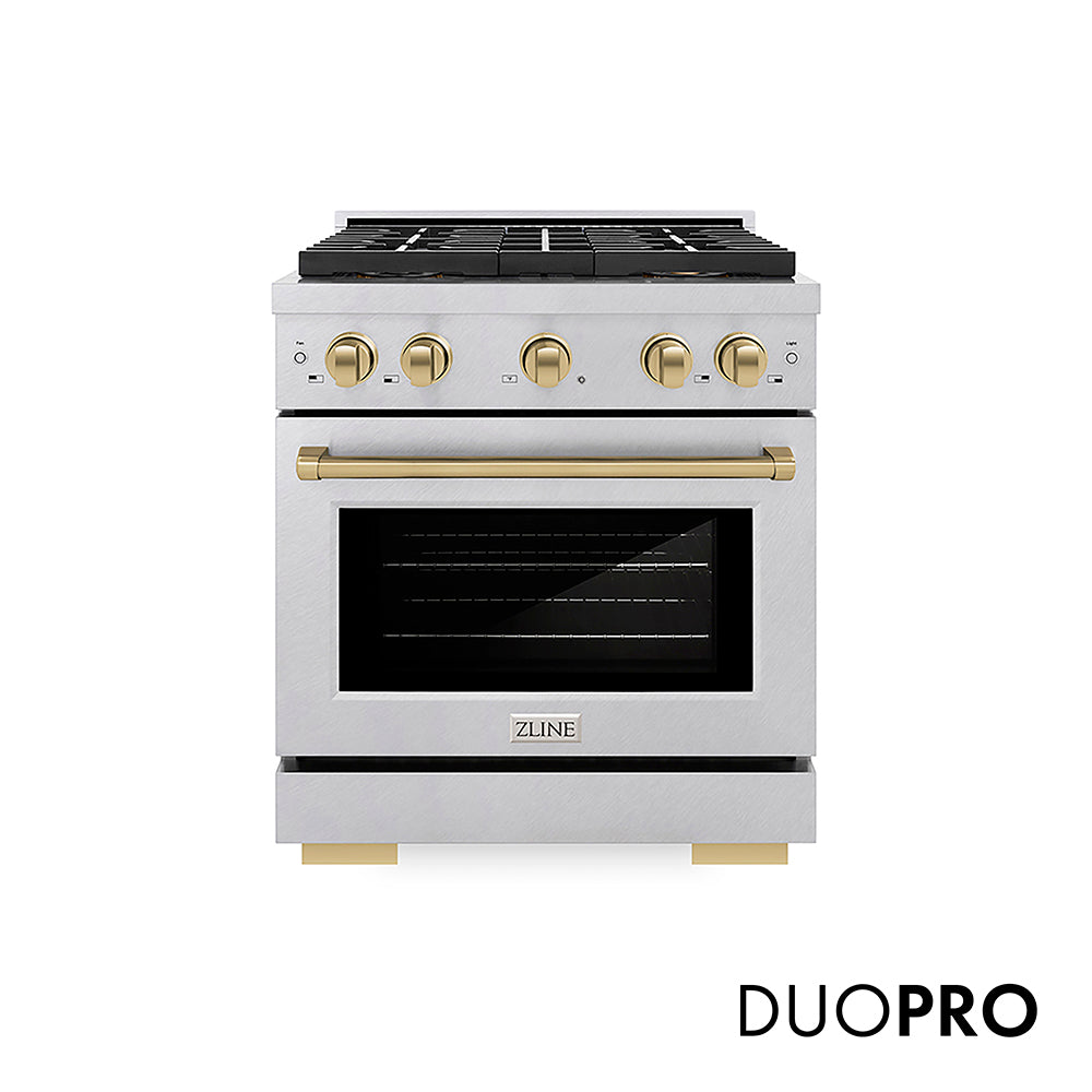 ZLINE Autograph Edition 30 in. 4.2 cu. ft. Paramount Gas Range with 4 Burner DuoPro™ Cooktop and Convection Gas Oven in Satin Stainless Steel and Champagne Bronze Accents, Open Box-Good Condition