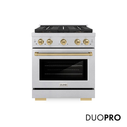 ZLINE Autograph Edition 30 in. 4.2 cu. ft. Paramount Gas Range with 4 Burner DuoPro™ Cooktop and Convection Gas Oven in Satin Stainless Steel and Champagne Bronze Accents, Open Box-Good Condition