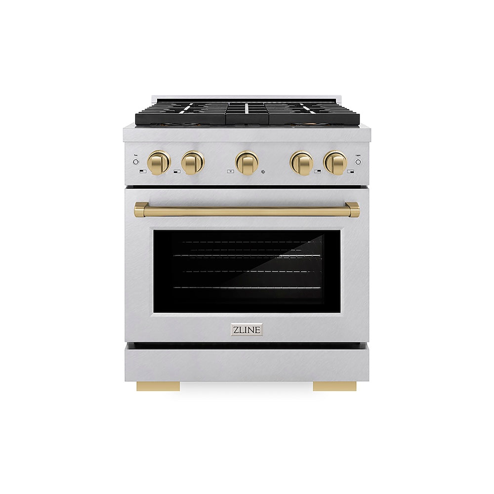 ZLINE Autograph Edition 30 in. 4.2 cu. ft. Paramount Gas Range with 4 Burner DuoPro™ Cooktop and Convection Gas Oven in Satin Stainless Steel and Champagne Bronze Accents (PSGRSZ-30-CB) front.