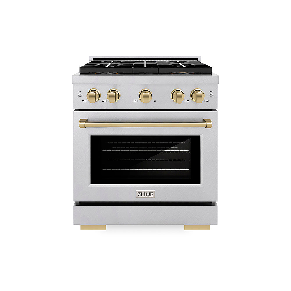 ZLINE Autograph Edition 30 in. 4.2 cu. ft. Paramount Gas Range with 4 Burner DuoPro™ Cooktop and Convection Gas Oven in Satin Stainless Steel and Champagne Bronze Accents, Open Box-Good Condition