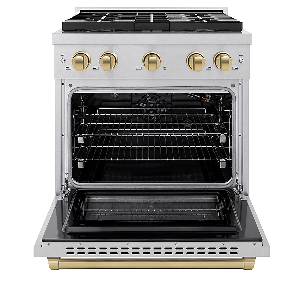 ZLINE Autograph Edition 30 in. 4.2 cu. ft. Paramount Gas Range with 4 Burner DuoPro™ Cooktop and Convection Gas Oven in Satin Stainless Steel and Champagne Bronze Accents, Open Box-Good Condition