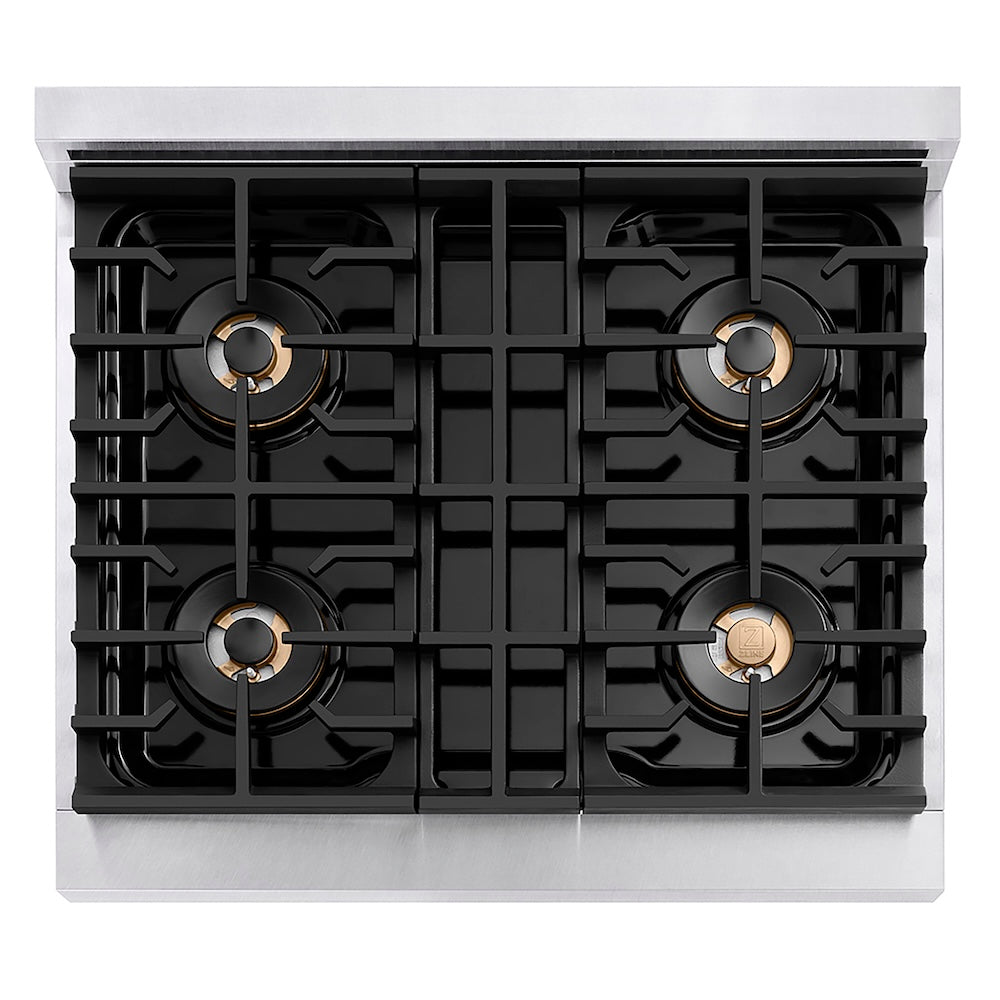 ZLINE Autograph Edition 30 in. 4.2 cu. ft. Paramount Gas Range with 4 Burner DuoPro™ Cooktop and Convection Gas Oven in Satin Stainless Steel and Champagne Bronze Accents (PSGRSZ-30-CB) top-down, above cooktop.