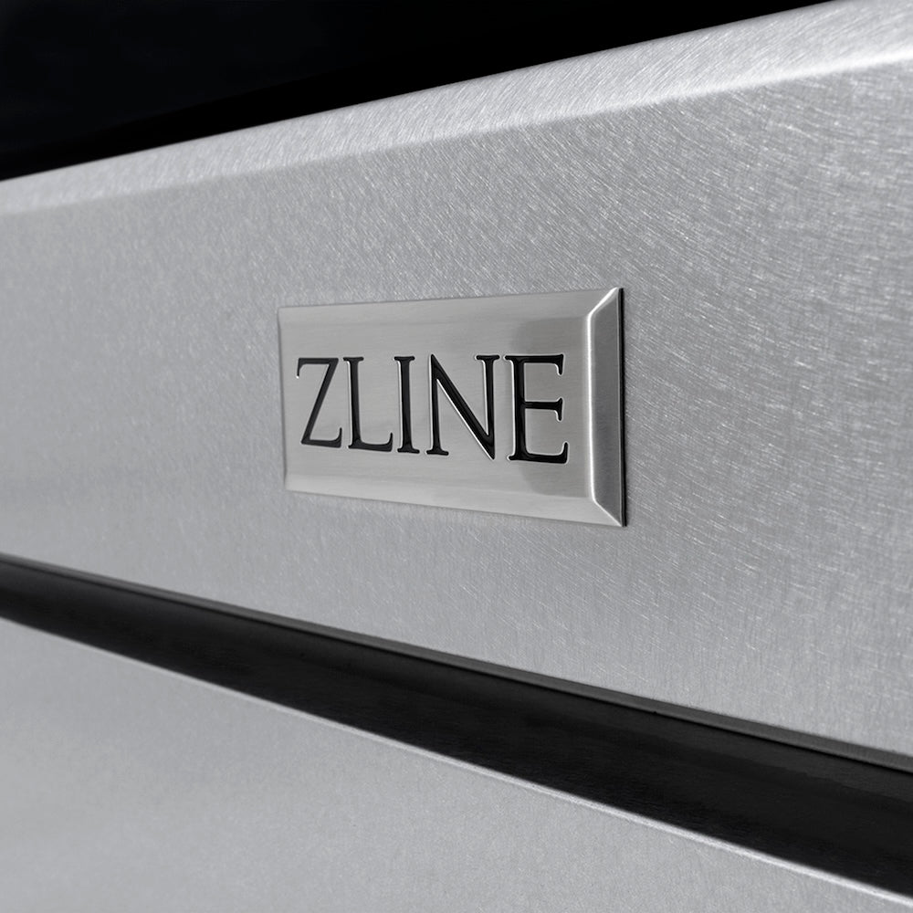 ZLINE Autograph Edition 30 in. 4.2 cu. ft. Paramount Gas Range with 4 Burner DuoPro™ Cooktop and Convection Gas Oven in Satin Stainless Steel and Polished Gold Accents (PSGRSZ-30-G) ZLINE badge on Satin Stainless Steel showing circular, non-directional finish.