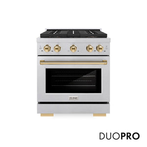 ZLINE Autograph Edition 30 in. 4.2 cu. ft. Paramount Gas Range with 4 Burner DuoPro™ Cooktop and Convection Gas Oven in Satin Stainless Steel and Polished Gold Accents (PSGRSZ-30-G) main image.