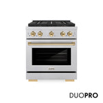 ZLINE Autograph Edition 30 in. 4.2 cu. ft. Paramount Gas Range with 4 Burner DuoPro™ Cooktop and Convection Gas Oven in Satin Stainless Steel and Polished Gold Accents, Open Box-Good Condition