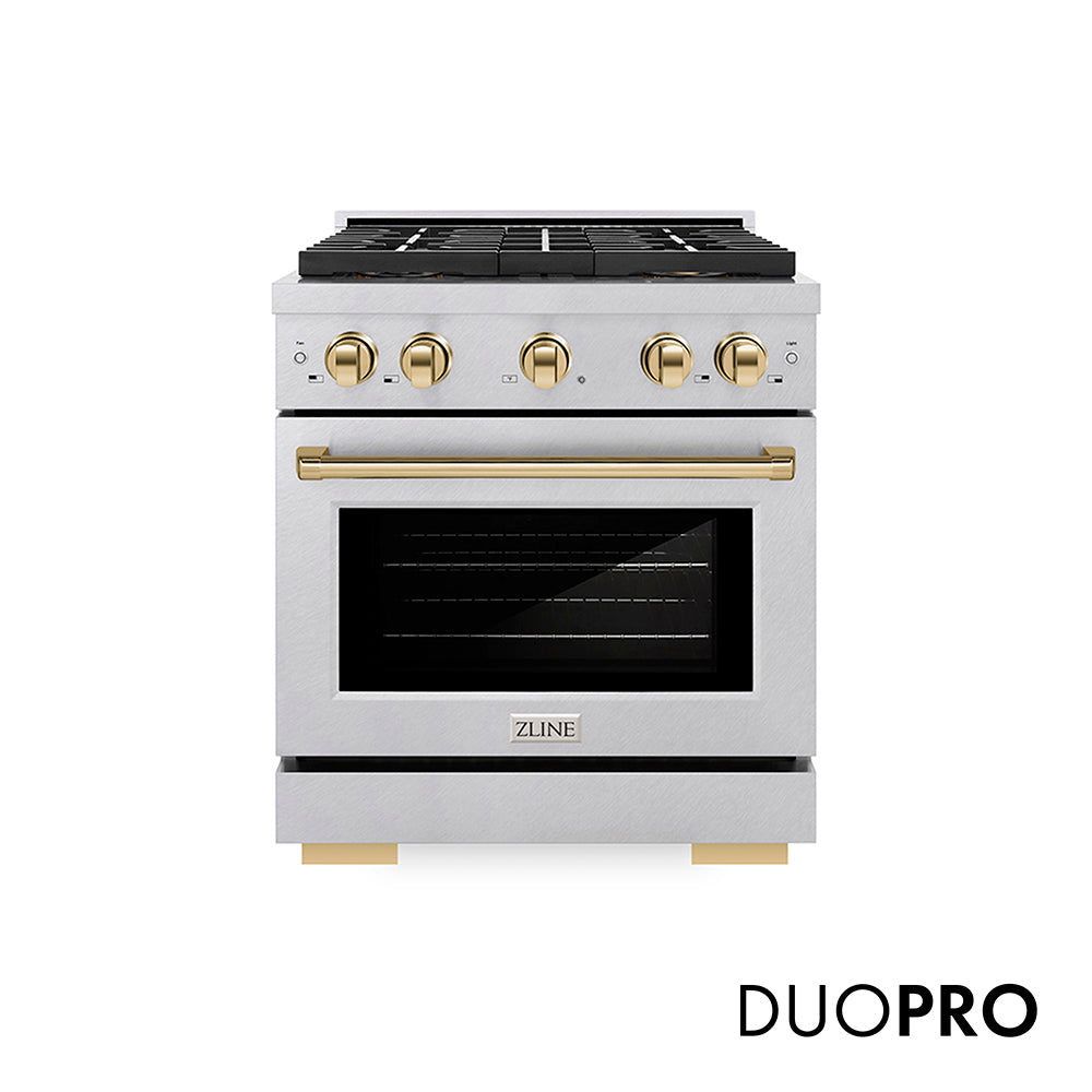 ZLINE Autograph Edition 30 in. 4.2 cu. ft. Paramount Gas Range with 4 Burner DuoPro™ Cooktop and Convection Gas Oven in Satin Stainless Steel and Polished Gold Accents, Open Box-Good Condition