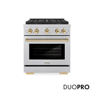 ZLINE Autograph Edition 30 in. 4.2 cu. ft. Paramount Gas Range with 4 Burner DuoPro™ Cooktop and Convection Gas Oven in Satin Stainless Steel and Polished Gold Accents, Open Box-Good Condition main image.