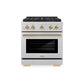 ZLINE Autograph Edition 30 in. 4.2 cu. ft. Paramount Gas Range with 4 Burner DuoPro™ Cooktop and Convection Gas Oven in Satin Stainless Steel and Polished Gold Accents (PSGRSZ-30-G) front.