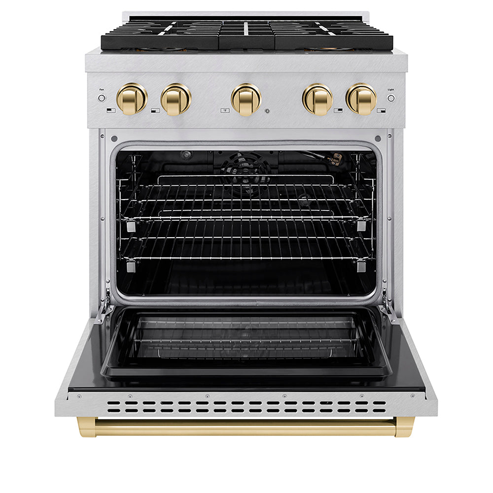 ZLINE Autograph Edition 30 in. 4.2 cu. ft. Paramount Gas Range with 4 Burner DuoPro™ Cooktop and Convection Gas Oven in Satin Stainless Steel and Polished Gold Accents, Open Box-Good Condition