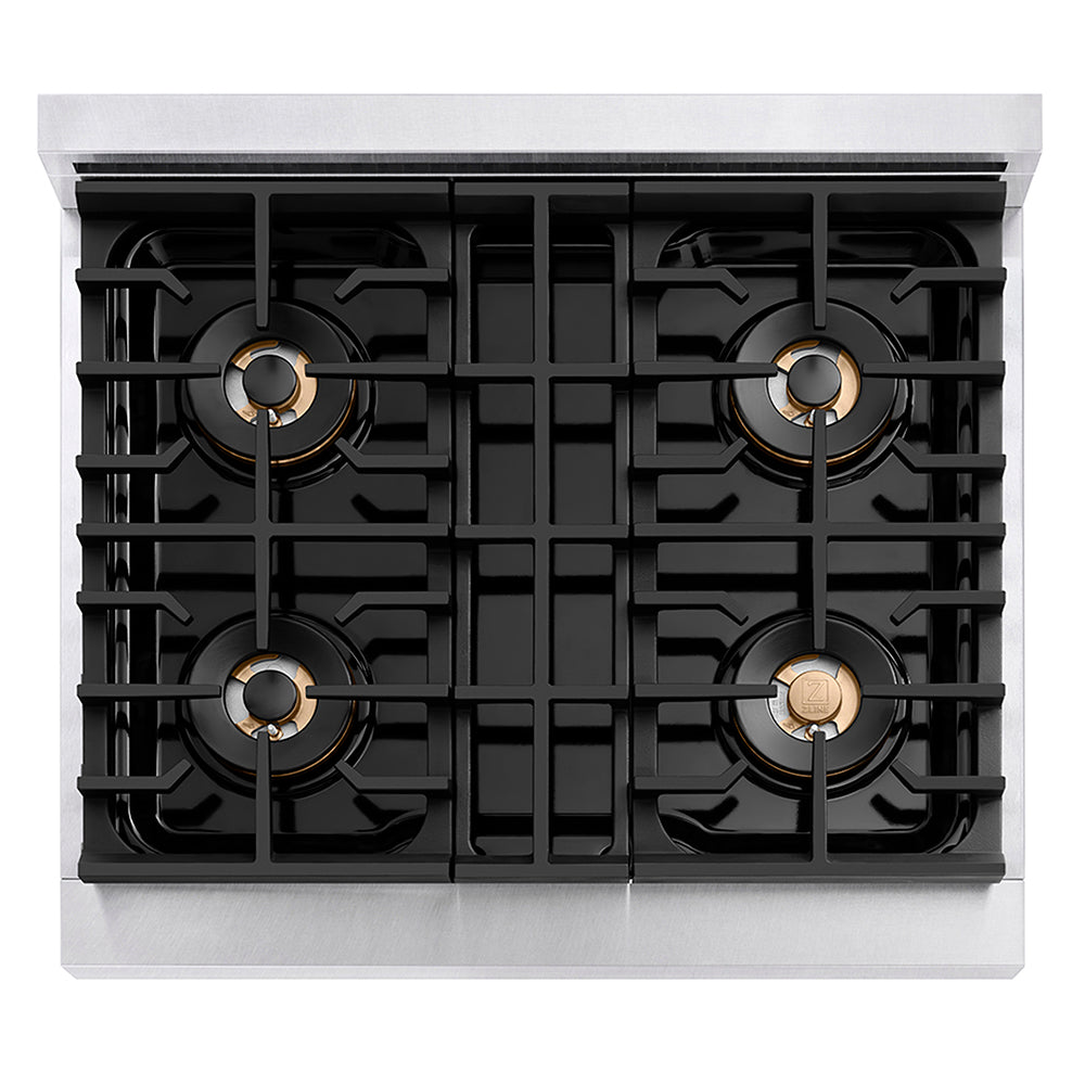 ZLINE Autograph Edition 30 in. 4.2 cu. ft. Paramount Gas Range with 4 Burner DuoPro™ Cooktop and Convection Gas Oven in Satin Stainless Steel and Polished Gold Accents, Open Box-Good Condition