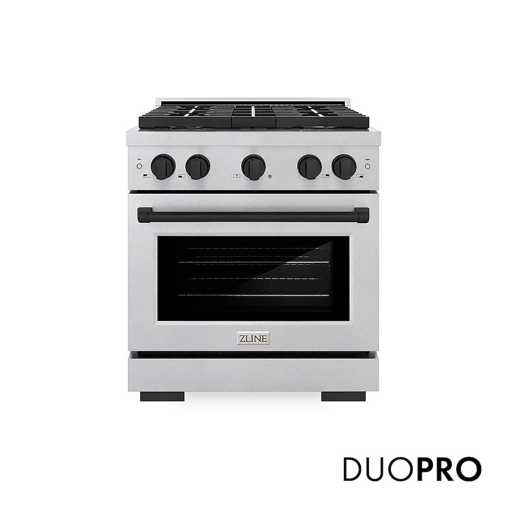 ZLINE Autograph Edition 30 in. 4.2 cu. ft. Paramount Gas Range with 4 Burner DuoPro™ Cooktop and Convection Gas Oven in Satin Stainless Steel and Matte Black Accents (PSGRSZ-30-MB) main image.