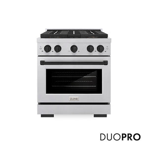 ZLINE Autograph Edition 30 in. 4.2 cu. ft. Paramount Gas Range with 4 Burner DuoPro™ Cooktop and Convection Gas Oven in Satin Stainless Steel and Matte Black Accents (PSGRSZ-30-MB) main image.