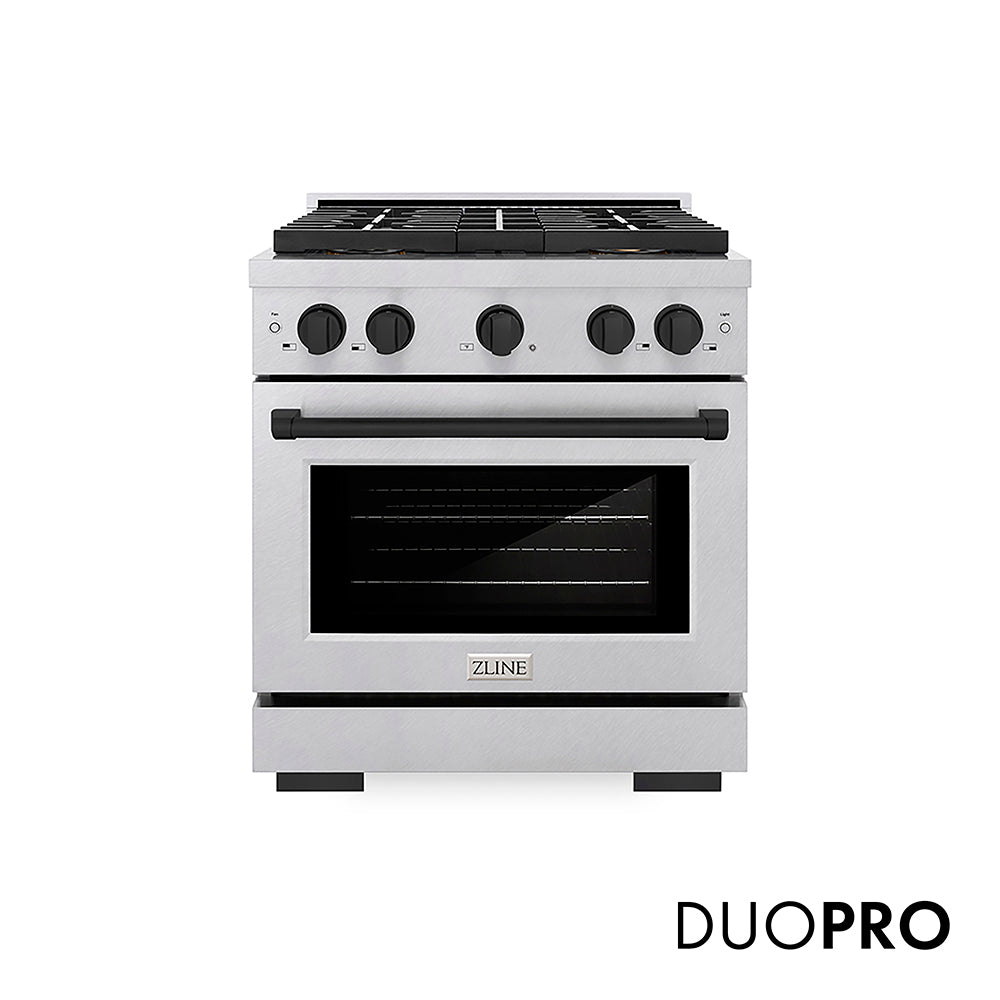 ZLINE Autograph Edition 30 in. 4.2 cu. ft. Paramount Gas Range with 4 Burner DuoPro™ Cooktop and Convection Gas Oven in Satin Stainless Steel and Matte Black Accents, Open Box-Good Condition