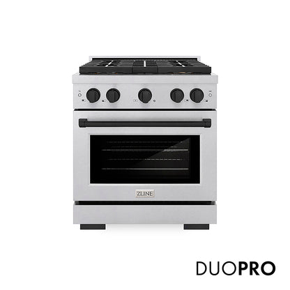 ZLINE Autograph Edition 30 in. 4.2 cu. ft. Paramount Gas Range with 4 Burner DuoPro™ Cooktop and Convection Gas Oven in Satin Stainless Steel and Matte Black Accents, Open Box-Good Condition