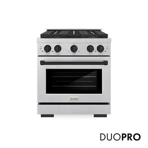 ZLINE Autograph Edition 30 in. 4.2 cu. ft. Paramount Gas Range with 4 Burner DuoPro™ Cooktop and Convection Gas Oven in Satin Stainless Steel and Matte Black Accents, Open Box-Great Condition main image.