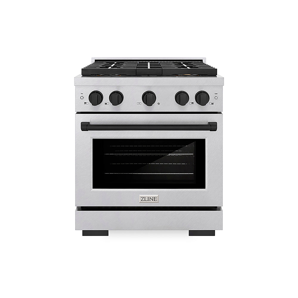 ZLINE Autograph Edition 30 in. 4.2 cu. ft. Paramount Gas Range with 4 Burner DuoPro™ Cooktop and Convection Gas Oven in Satin Stainless Steel and Matte Black Accents, Open Box-Good Condition