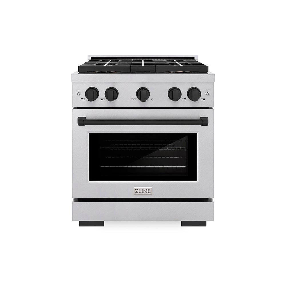ZLINE Autograph Edition 30 in. 4.2 cu. ft. Paramount Gas Range with 4 Burner DuoPro™ Cooktop and Convection Gas Oven in Satin Stainless Steel and Matte Black Accents (PSGRSZ-30-MB) front.