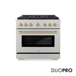 ZLINE Autograph Edition 36 in. 5.2 cu. ft. Paramount Gas Range with 6 Burner DuoPro™ Cooktop and Convection Gas Oven in Satin Stainless Steel and Champagne Bronze Accents (PSGRSZ-36-CB) front, with DuoPro™ logo.