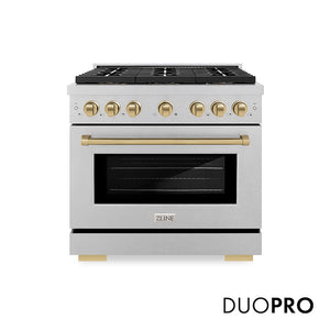 ZLINE Autograph Edition 36 in. 5.2 cu. ft. Paramount Gas Range with 6 Burner DuoPro™ Cooktop and Convection Gas Oven in Satin Stainless Steel and Champagne Bronze Accents (PSGRSZ-36-CB) main image.