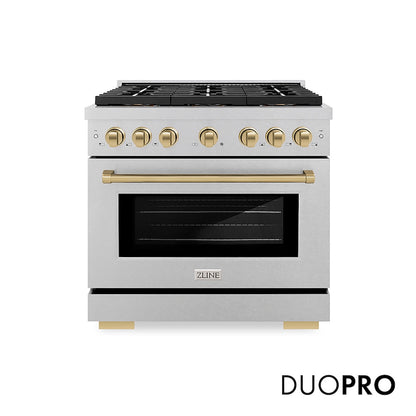 ZLINE Autograph Edition 36 in. 5.2 cu. ft. Paramount Gas Range with 6 Burner DuoPro™ Cooktop and Convection Gas Oven in Satin Stainless Steel and Champagne Bronze Accents (PSGRSZ-36-CB) front, with DuoPro™ logo.