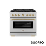 ZLINE Autograph Edition 36 in. 5.2 cu. ft. Paramount Gas Range with 6 Burner DuoPro™ Cooktop and Convection Gas Oven in Satin Stainless Steel and Champagne Bronze Accents, Open Box-Good Condition