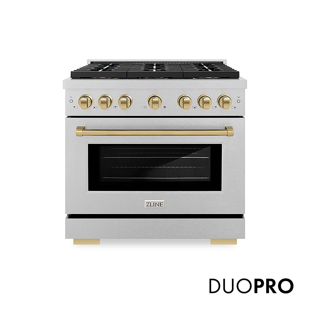ZLINE Autograph Edition 36 in. 5.2 cu. ft. Paramount Gas Range with 6 Burner DuoPro™ Cooktop and Convection Gas Oven in Satin Stainless Steel and Champagne Bronze Accents, Open Box-Good Condition