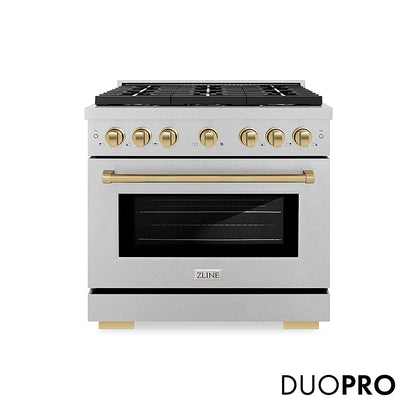 ZLINE Autograph Edition 36 in. 5.2 cu. ft. Paramount Gas Range with 6 Burner DuoPro™ Cooktop and Convection Gas Oven in Satin Stainless Steel and Champagne Bronze Accents, Open Box-Good Condition