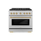 ZLINE Autograph Edition 36 in. 5.2 cu. ft. Paramount Gas Range with 6 Burner DuoPro™ Cooktop and Convection Gas Oven in Satin Stainless Steel and Champagne Bronze Accents (PSGRSZ-36-CB) front.